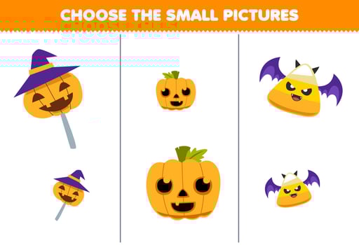 Education game for children choose the small picture of cute cartoon corn candy pumpkin printable halloween worksheet vector