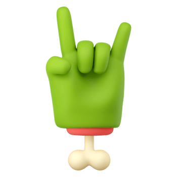 3d zombie hand in plastic cartoon style. Rock fingers gesture. Green monster Halloween character palm with bone. High quality isolated render png