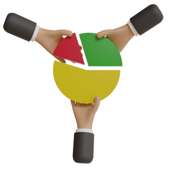 3d three business hands and three different pie chart pieces, different profit sharing percentage concept, pie diagram png