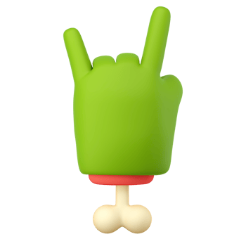 3d zombie hand in plastic cartoon style. Rock fingers gesture. Green monster Halloween character palm with bone. High quality isolated render png