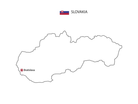 Hand draw thin black line vector of Slovakia Map with capital city Bratislava on white background.