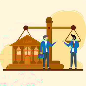 Law and justice scene. consulting lawyers, advising clients, scales of justice. Legal advice concept. Flat cartoon vector illustration and icons set.