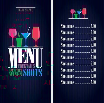 Bar design menu. Drinks, cocktails, aperitifs wines, shots menu vector