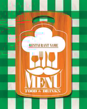 Food and drinks menu, cutting board lies on a green tablecloth vector