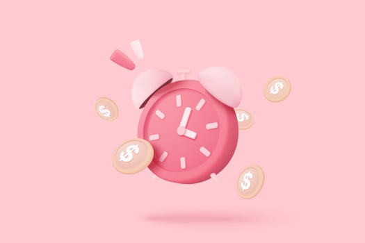3d alarm clock with Investing money to grow in time concept. Business investments earnings and financial savings, fast money, quick loan. 3d time illustration vector rendering in pink background