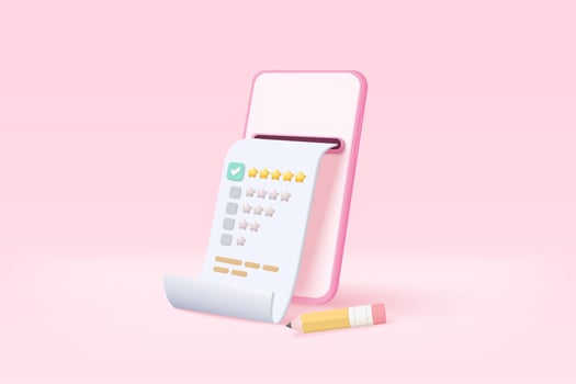 3d rating five stars for best excellent rating in mobile phone . 5 star for quality customer rating feedback concept. Phone task todo check list, product review icon. 3d vector render illustration