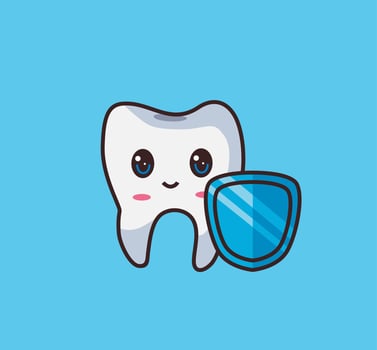 tooth character holding shield cartoon illustration vector