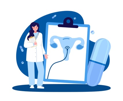 A female medical worker. Gynecologist with a tablet. The concept of medicine and health. Vector illustration in a flat style on a blue background