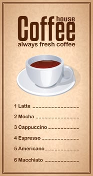 Coffee house menu. Always fresh coffee. Coffee cup design background vector
