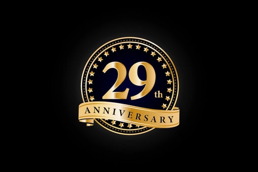 29th Anniversary golden gold logo with ring and gold ribbon isolated on black background, vector design for celebration.