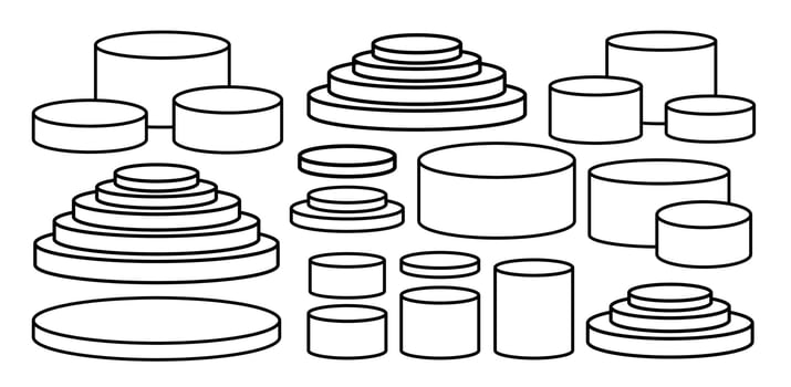 Podium geometric mockup display line set. Round outline doodle cylinder pedestal collection. 3d platform product presentation stand. vector
