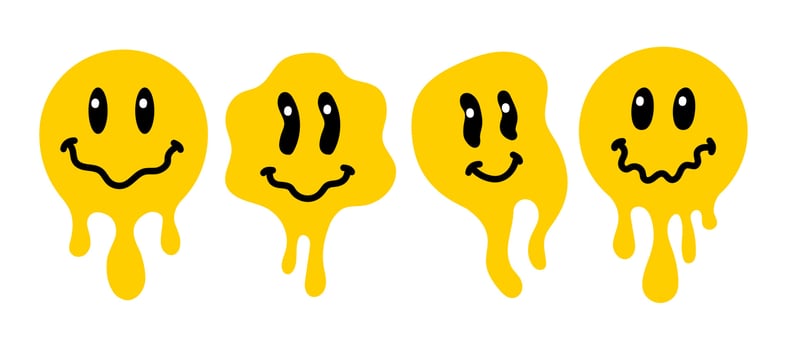 Melting smile set vintage illustration. Retro psychedelic melt emoji face. Dripping smile print collection. Vector groovy positive