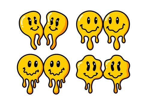 Melting smile vintage illustration. Retro psychedelic melt smile face logo. Dripping smile. Good mood. Positive emoji sticker. Vector groovy emoji face.