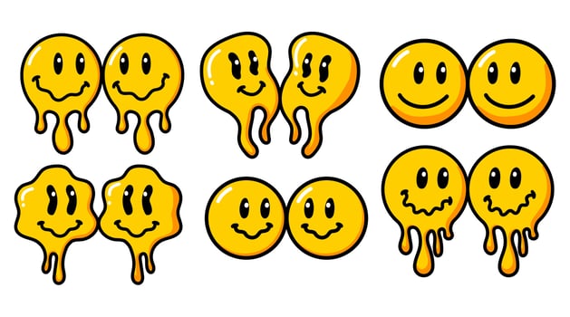 Melting smile vintage illustration. Retro psychedelic melt smile face logo. Dripping smile. Good mood. Positive emoji sticker. Vector groovy emoji face.