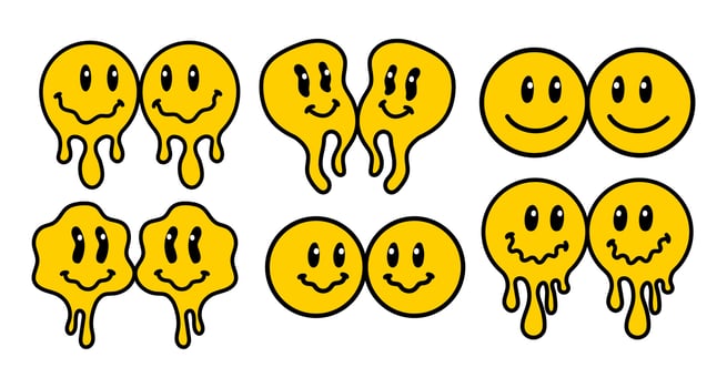 Melting smile vintage illustration. Retro psychedelic melt smile face logo. Dripping smile. Good mood. Positive emoji sticker. Vector groovy emoji face.