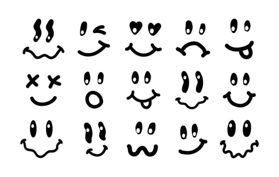 Melting smile vintage illustration. Retro psychedelic melt smile face logo. Dripping smile. Good mood. Positive emoji sticker. Vector groovy emoji face.