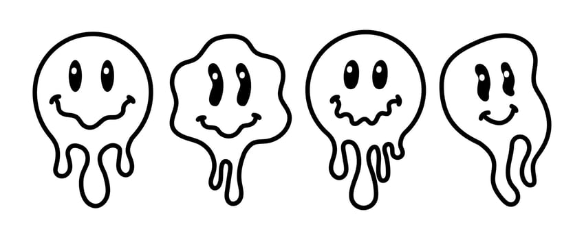 Melting smile vintage illustration. Retro psychedelic melt smile face logo. Dripping smile. Good mood. Positive emoji sticker. Vector groovy emoji face.