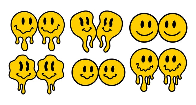 Melting smile vintage illustration. Retro psychedelic melt smile face logo. Dripping smile. Good mood. Positive emoji sticker. Vector groovy emoji face.