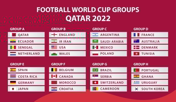 FIFA World Cup. World Cup 2022. Match schedule template. Football results table, flags of world countries. Vector illustration