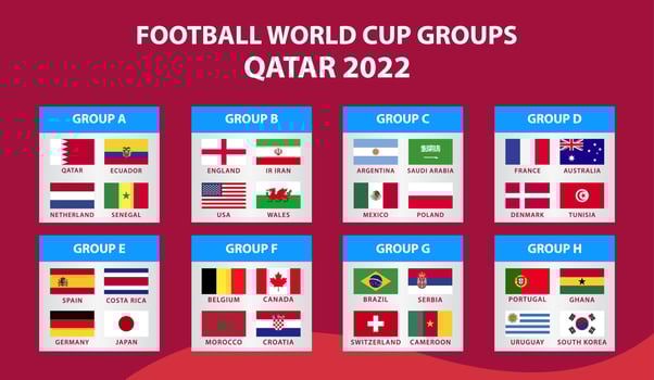 FIFA World Cup. World Cup 2022. Match schedule template. Football results table, flags of world countries. Vector illustration