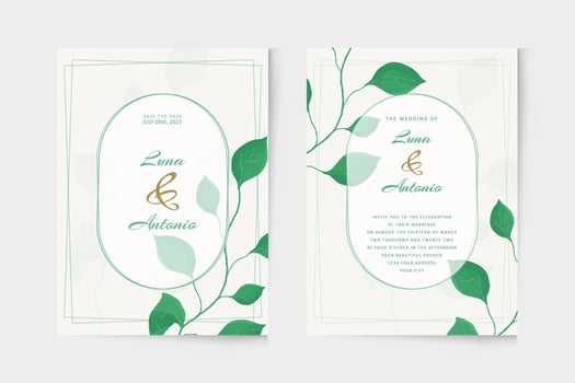 Wedding invitation template with green leaf watercolor vector