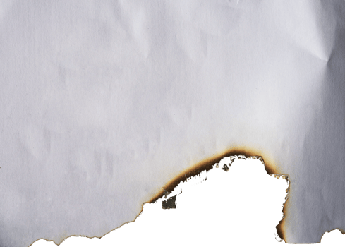 burnt paper frame for texture overlay. damaged white paper with burnt stain in transparent background. blank ripped paper edge for a design element. png