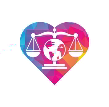 Globe law heart shape concept logo vector icon. Scales on globe icon design.