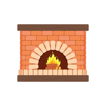 Cozy brick fireplace, wood fire, heating device. Vector illustration in flat cartoon style.