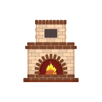 White brick fireplace with wood fire, Heating device. Vector illustration in flat cartoon style
