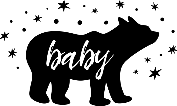 PNG, transparent Baby bear with stars. Cute little black baby bear print for kids cloths, t-shirt. Forest, wild symbol. Simple bear silhouette for kids room wall art, nursery poster, fabric decor. png