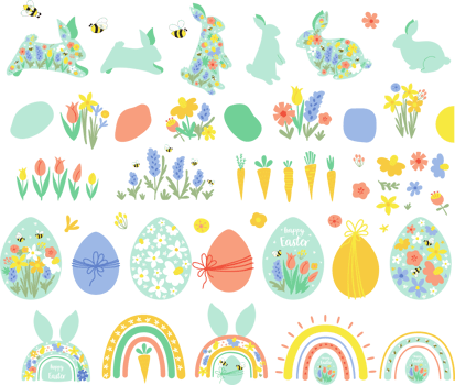 Easter elements set. Happy easter design elements isolated on white. Cute rabbit bunny, carrot, floral eggs. Cute pascua collection. Spring easter hunt illustration. Happy Easter symbols, logo, icons png