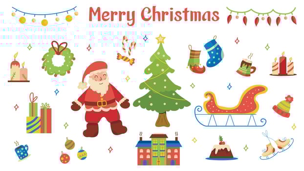 Christmas and New Year set on a white background. Collection of flat vector illustrations with santa claus, christmas tree, present, candles, candies, skates, christmas socks, cocoa, cake, sleigh.