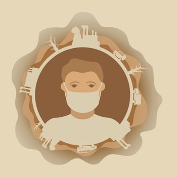 People in protective masks.City and factory smoking chimneys.Sad and unhappy people air pollution.Pollution environmental.A dirty poisoned planet.Vector flat illustration. vector