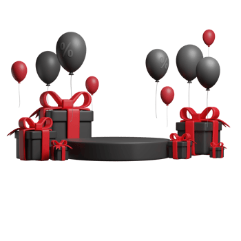 Black friday concept. Realistic 3d design stage podium, round studio, ballons, percent label discount. Creative marketing concept. png