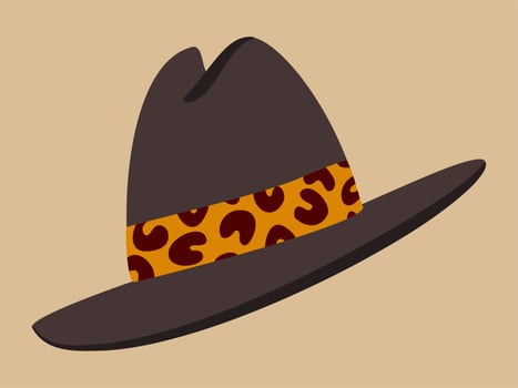 Fedora hat with leopard decorative ribbon. Woman's accessory. Vector illustration.