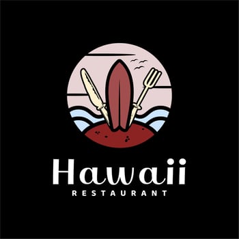 Surfboard, Fork, Knife For Beach Restaurant Logo. Holiday Restaurant Illustration Vector Design