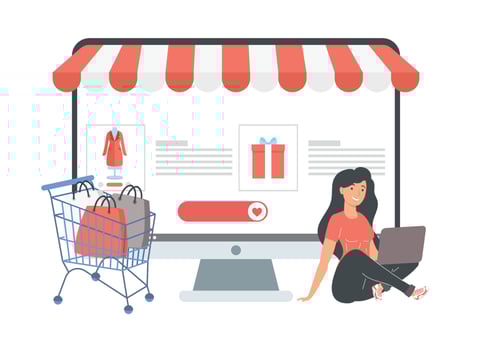 woman with desktop ecommerce vector