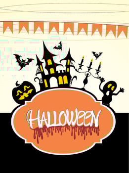 Happy Halloween party poster. Frame, night clouds, pumpkin in paper cut style. Vector illustration.