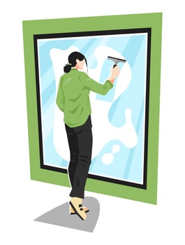 back view illustration of woman cleaning window glass using wiper. suitable for the theme of cleanliness, home, health, motherhood, housework, etc. flat vector style