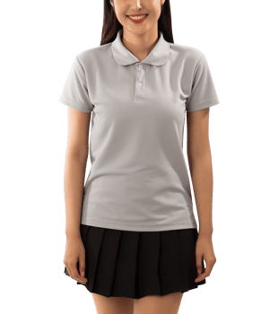 Young woman in grey polo shirt mockup cutout, Png file