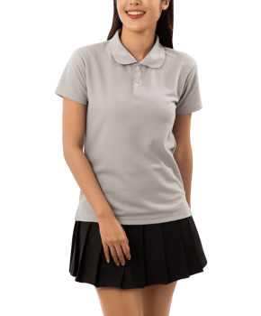 Young woman in grey polo shirt mockup cutout, Png file
