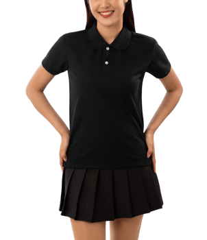 Young woman in black polo shirt mockup cutout, Png file