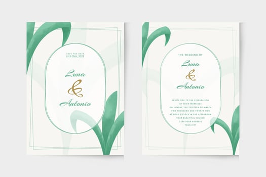 Wedding invitation template with green plant watercolor vector