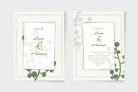 Simple wedding invitation template with green plant watercolor vector