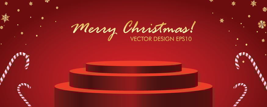 Merry Christmas web banner template with podium and candy, sales and offers vector