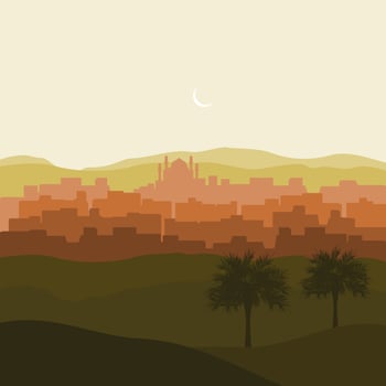 Editable Arabian City Silhouette Vector Illustration With Crescent Moon and Date Palm Trees on Desert for Islamic Religious Moments Design Such as Ramadan and Eid With Medieval Panorama
