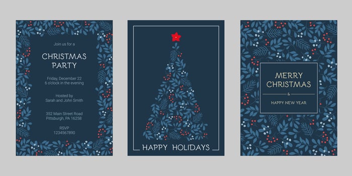 Set of holidays greeting cards with floral frames and Christmas ornament. Winter twigs patterns in blue colors. vector