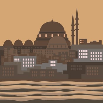 Editable Istanbul City Vector Illustration in Flat Silhouette Style With Marmara Sea for Islamic Religious Moments Design Such as Ramadan and Eid With Ottoman Turkish Panorama