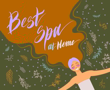 drawing postcard cute relaxed girl with long hair lettering best spa at home vector
