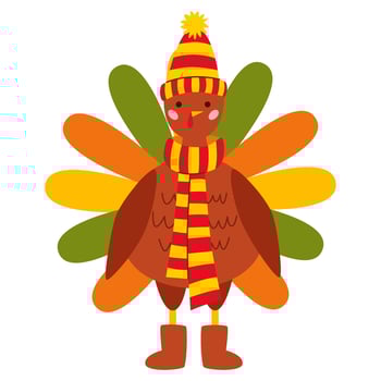 Pilgrim turkey Thanksgiving. Bird character in a striped hat with a pompom, a scarf and ugg boots. Vector cartoon illustration, autumn design.